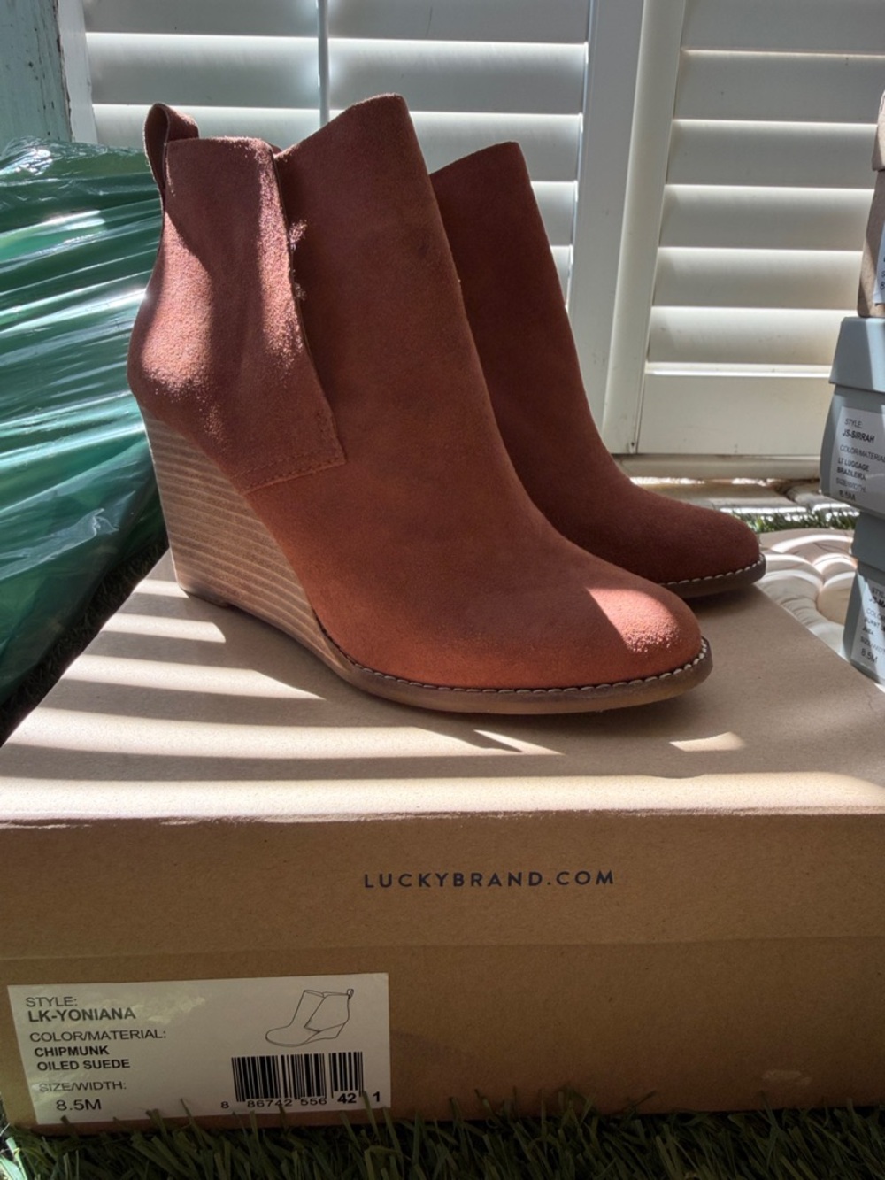 Lucky Brand Chipmunk Suede Wedge Booties in Chipmunk Brown